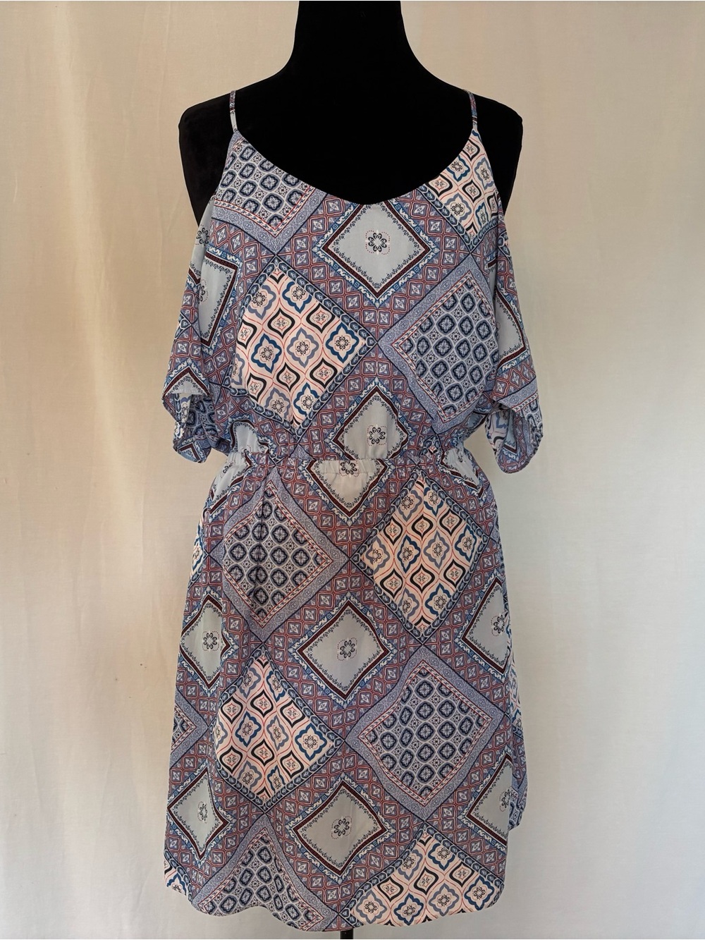 Guess Cold Shoulder Dress Boho Festival Cottagecore Coquette Tile Print Med